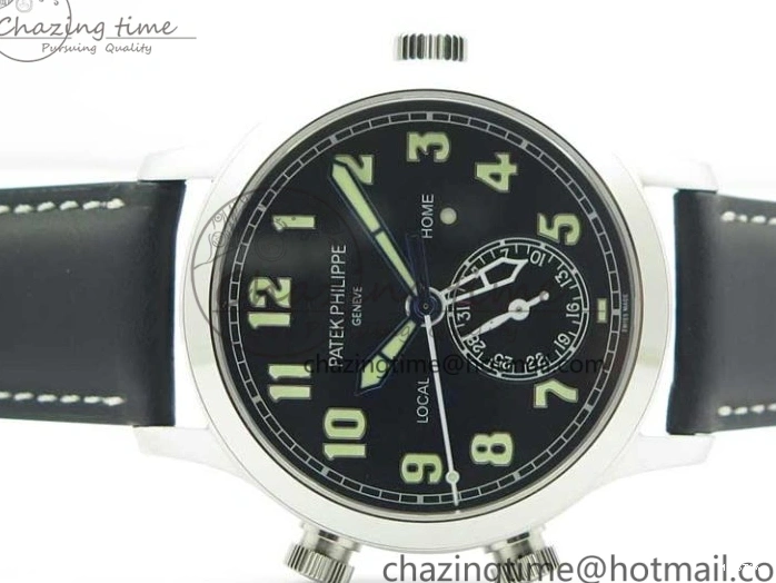 MIROTIME 0402 Stylish Calatrava 5524 Pilot Travel Time SS GRF Black Dial on Black Leather Strap A324 V 7108